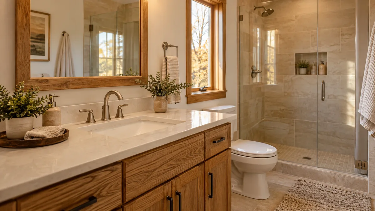 Bathroom with an oak vanity, brushed-metal fixtures, and a walk-in shower